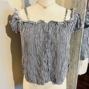 AMERICAN EAGLE Blue White Striped Button Up Off-Shoulder Top Boho Size XS
